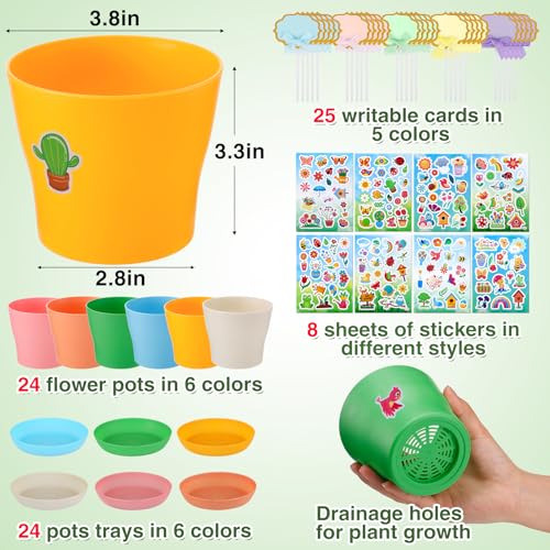 Durable Resin Garden Pot Craft Kit for Kids- 24 Pack Colorful Flower Plant Spring Crafts with Super-adhesive Stickers & Blank Labels School Activities Growing Kit for Classroom Home DIY Gift 4+ years