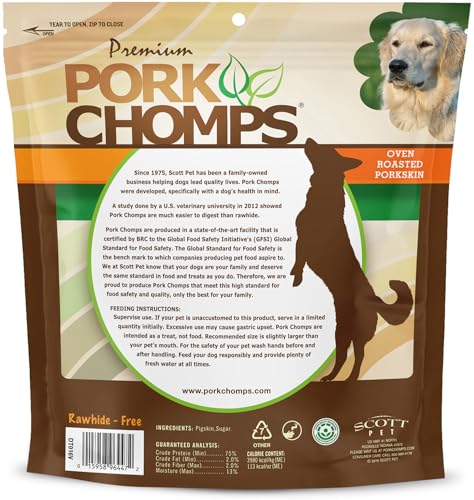 Pork Chomps Roasted Pork Skin Dog Chews, 6 Inch Rib Shapes, 10 Count, Pack of 1 - Long-Lasting Treats for Dogs - High Protein, Rawhide-Free, Low Fat, Healthy & Delicious Chews