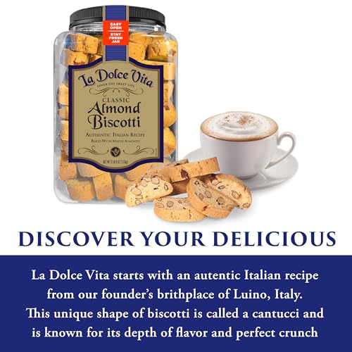 La Dolce Vita Classic Almond Italian Biscotti Cookie Snacks with Whole Almonds, 40 oz. Jar, 30 Servings (Pack of 1)