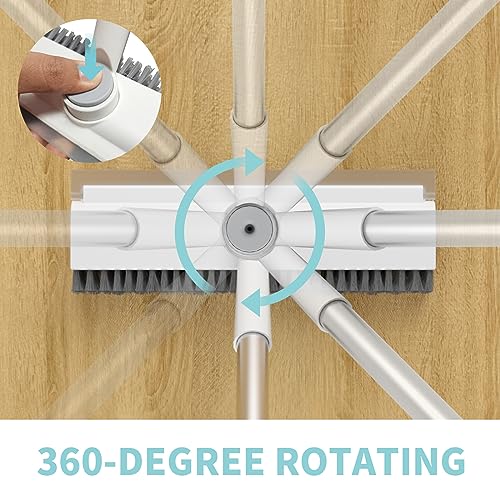 Floor Scrub Brush with Long Handle, 3 in 1 Scrape and Heavy-Duty Stiff Bristle Scrubber Brush for Cleaning Shower Bathroom, Patio, Pool, Garage, Kitchen, Wall and Deck (White, 1 Pack)