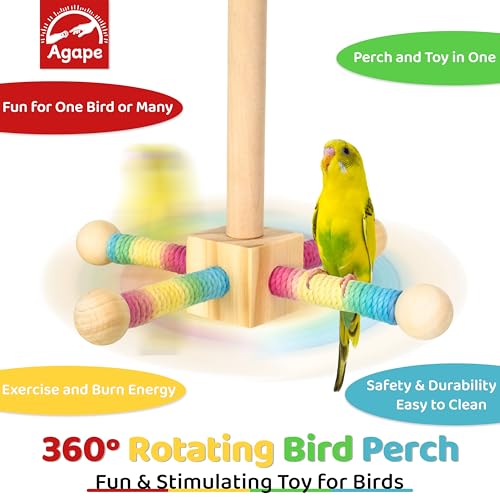 Agape Bird Toy, Parrot 360° Interactive Rotating Perch, Bird Cage Accessories for Small and Medium Parrots to Expend Energy, Wooden Stand for Parakeets Cockatiels Lovebirds Conures Finches Budgies