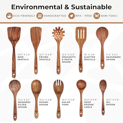 Wooden Spoons for Cooking – 10 Pcs Teak Wood Utensil Set, Durable, Nonstick Safe & Heat Resistant with Ergonomic Handles