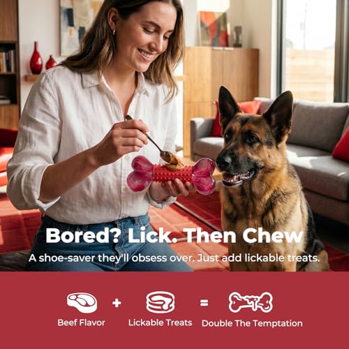Tough Dog Toys for Aggressive Chewers: Beef Flavored Long Lasting Dog Bones for Large Dogs, Indestructible Dog Chew Toys to Keep Them Busy, Large Dog Toys for Medium & Large Breed, Red