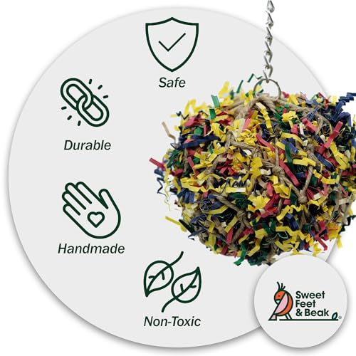 3” Super Shredder Ball Bird Toy - Fun Foraging Toys for Birds w/ Colorful Paper & Wooden Treasures - Easy to Hang Shredding Toys for Birds - Bird Shredding Toys for Cockatiels, Parrots & More