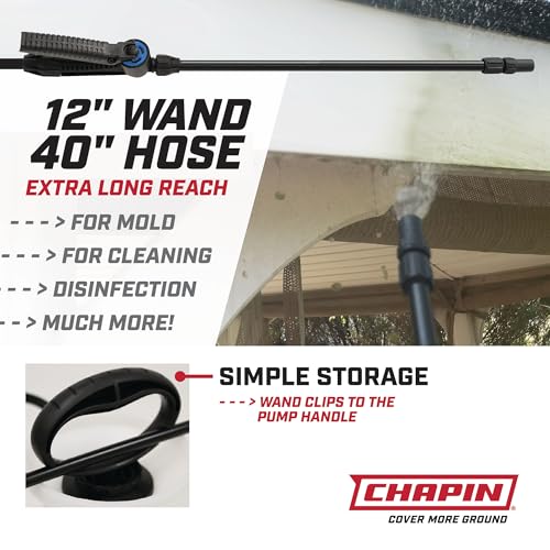Chapin 20075 Bleach Pump Sprayer, 1‑Gallon, Lawn & Garden, Bleach‑Resistant Poly Tank, Funnel‑Top, Anti‑Clog Filter, Adjustable Cone Nozzle, 40" Hose for Cleaning, Mold & Disinfecting Applications