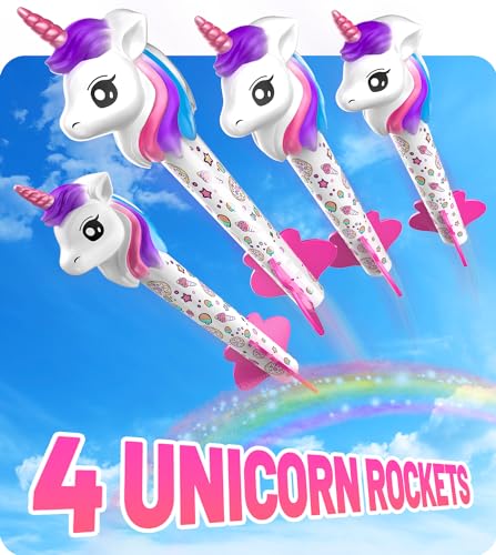 beefunni Unicorn Rocket Launcher for Kids, 4 Unicorns Outdoor Toys for Girls, Christmas Easter Birthday Gifts for Girls Ages 2 3 4 5 6 7 8 Years Old, Fun Indoor Toys for Kids Ages 2-4-6 Years Old