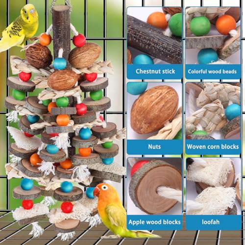BBjinronjy Large Parrot Toys Bird Chewing Toys-Natural Nuts Corn Loofah Wooden Bird Cage Toy for African Grey,Macaws,Conure,Cokatoos,Cockatiel, Parrots and Other Medium and Small Birds