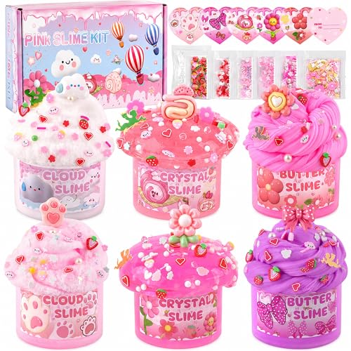 6 Pack Slimes, Pink Slime Kids, Cloud Slime kit for Girls Ages 8-12, Toys for Girls and Boys, for Kids Slime Set Party kit Goodie Bag Stuffers, 4 5 6 7 8 9 10 Year Old Girl Birthday Gift Cute Stuff