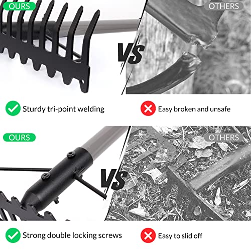 Walensee 5.4FT Bow Rake Heavy Duty Garden Rake with Stainless Steel Handle, 17 Steel Tines Garden Tool for Loosening Soil Gathering Leaf Leveling Lawn Farming Land Management Yarn Thatch Rakes