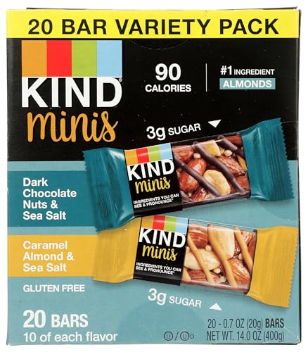 KIND Mini Snack Bars Variety Pack, Gluten Free, Low Sugar, Low Calorie Snacks, Dark Chocolate Nuts & Sea Salt, Caramel Almond & Sea Salt, 20 Count