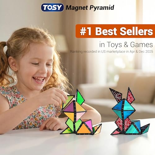 TOSY Magnet Pyramid Stone - 1 Cube Transforms into 1 Billion Shapes (Bunny, Egg Basket, Flowers, Heart), Easter Birthday Gift, 12 pcs, 243 Magnets, Holographic Design, Puzzle/STEM Toy
