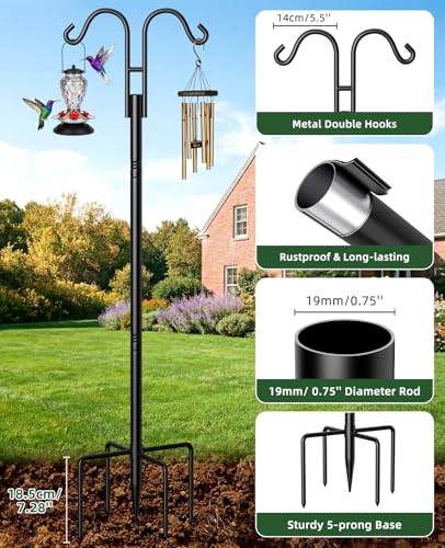 Double Shepherds Hooks, 76 Inch Bird Feeder Pole with 5-Prong Base, 3/4 Inch Thick Heavy Duty Adjustable Garden Hooks for Hanging Plants, Hummingbird Feeder, Solar Lights, Lantern Outdoor Garden Decor