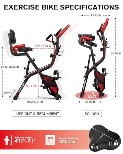 pooboo Folding Exercise Bike, Foldable Upright Stationary Bike, Indoor Cycling Magnetic X-Bike with 8-Level Adjustable Resistance, 6.6 LBS Flywheel, 300LB Capacity, Back Support Cushion for Home Gym