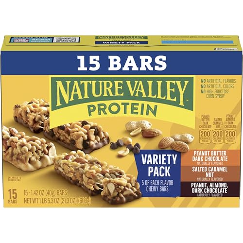 Nature Valley Protein Bars Variety Pack, Gluten Free Chewy Granola Snack Bars, 10g Protein, Peanut Butter Dark Chocolate, Salted Caramel Nut, Peanut Almond Dark Chocolate, 15 Count, 21.3 oz Box