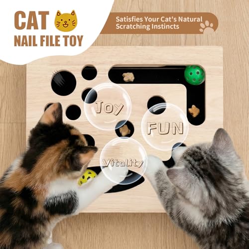Cat Scratch Puzzle Enrichment Box, Smooth Solid Wood Cat Nail File Enrichment Box with Built-in Sandpaper, Cat Nail File Box Stress Free Alternative to Clippers & Grinders(No Bell Ball)