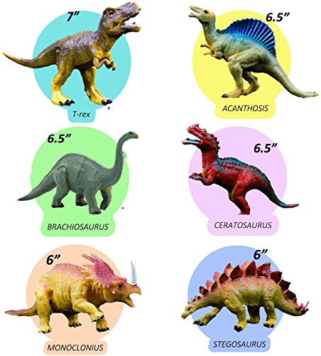 OuMuaMua Dinosaur Toys, Plastic Dinosaur Figure Set, Ideal Education Toys for Kids, Including T-Rex, Stegosaurus, Monoclonius, 6 to 7 Inch Large Size, 6 Pack