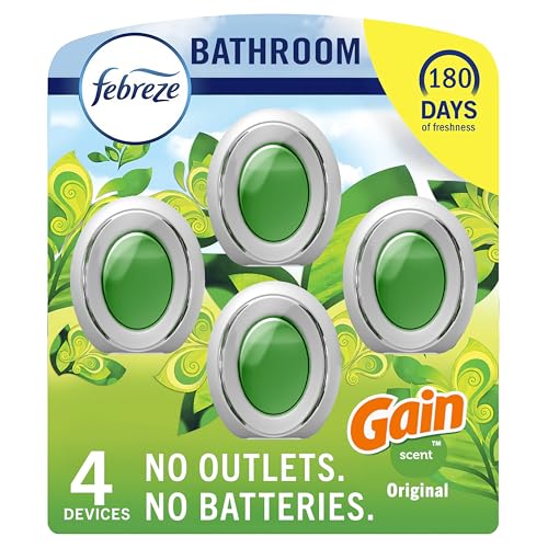 Febreze Bathroom Air Freshener, Odor-Fighting, Plug In Alternative, Air Fresheners for Small Spaces in Home, Bathroom, Kitchen, & Closet, Pet & Litter Box Odor Fighter, Gain Original Scent, 4ct