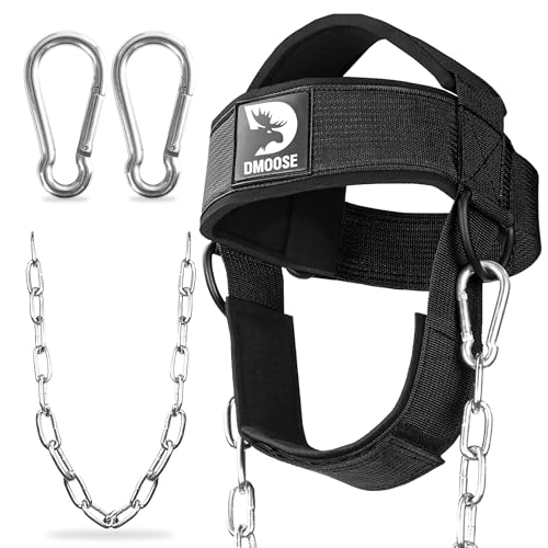 DMoose Fitness Neck Harness for Weight Lifting - Soft Padded Head & Chin Strap with 30" Heavy Duty Steel Chain - Neck Exerciser, Trainer & Strengthener to Support Injury Recovery and Intense Workouts