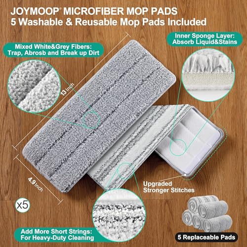 JOYMOOP Mop and Bucket Set, White Flat Mop with Long Handle for Floor & Wall Cleaning, Wet & Dry Use, Hardwood Floor Cleaner, Ideal for Household & Commercial Use, 5 Microfiber Pads Included