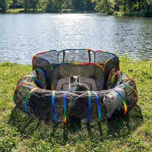 Portable Cat Enclosure - 2-in-1 Outdoor Catio with Tent & Tunnel, Foldable Playpen for Indoor Cats, Includes Storage Bag for Cats & Small Animals Rainbow Color