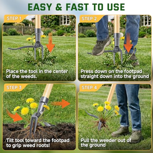 Weed Puller Tool, Stand Up Heavy Duty Weed Remover Tool with Long Handle & 4-Claw Steel Head, Bamboo Garden Hand Weeding Tool - Easily Remove Weeds Without Bending, Pulling,or Kneeling