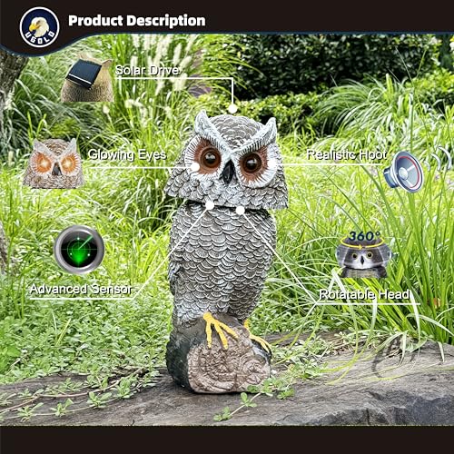 Solar Powered Garden Owl with Motion Detection, Rotating Head, Realistic Hoots and Silent Mode, Outdoor Statue and Sculpture, Owl Decoration for Home, Garden, Patio and Lawn