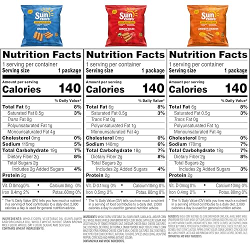 SunChips 100% Whole Grain Chips, Variety Pack, 1 oz Bags, Pack of 40, No Artificial Flavors, Colors