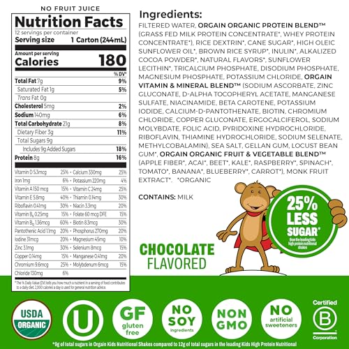 Orgain Organic Kids Nutritional Protein Shake, Chocolate, Healthy Kids Snacks, 8g Dairy Protein, 3g Fiber, 22 Vitamins & Minerals, No Soy Ingredients, Gluten Free, Non-GMO, 8.25 Fl Oz (Pack of 12)