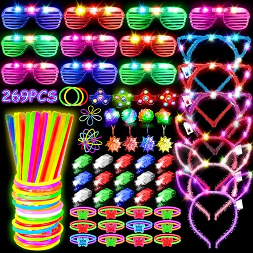 MIBOTE 269Pcs Led Light Up Toys Party Favors Glow in the Dark Party Supplies for Kid/Adults with Light Up Glasses,Headband,Rings,Bracelets,100 Glow Sticks Bulk Party Pack DIY Glow Neon Party Supplies