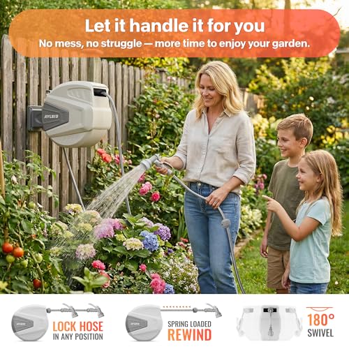 Ayleid Retractable Garden Hose Reel,1/2 in x 100 ft Wall Mounted Hose Reel, with 9- Function Sprayer Nozzle, Any Length Lock/Slow Return System/Wall Mounted/180°Swivel Bracket (Gray)