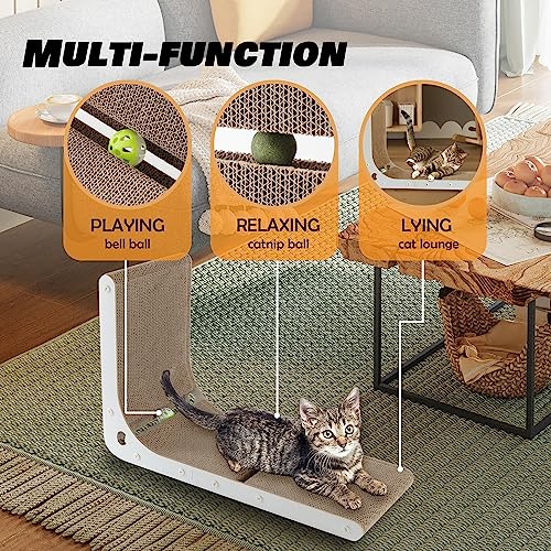 SMARTBEAN Cardboard Cat Scratcher, Vertical Cat Scratching Board, 23.6 Inch L-Shape Cat Scratch Pads with Built-in Catnip Toy Balls, Wall-Mount Cat Scratchers for Indoor Cats