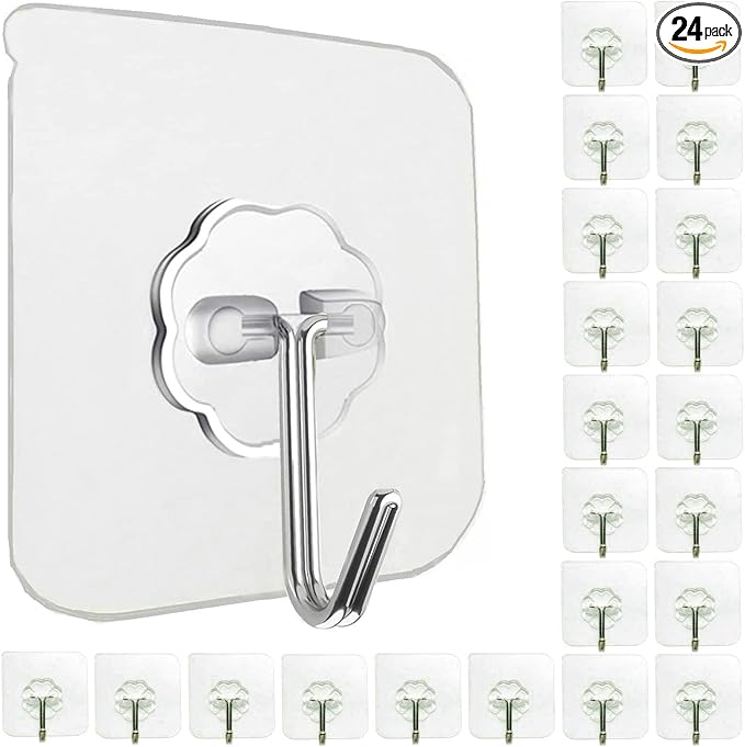 Jwxstore 24 Pack Self Adhesive Hooks Heavy Duty - 33lb Max, Transparent, Waterproof, Sticky Wall Hooks for Keys, Bathroom, Shower, Outdoor, Kitchen, Door, Home Improvement, Utility Hooks