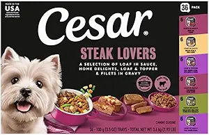 Cesar Adult Wet Dog Food Steak Lovers Variety Pack with Real Meat, 3.5 oz. Easy Peel Trays, 36 Count (Pack of 1)