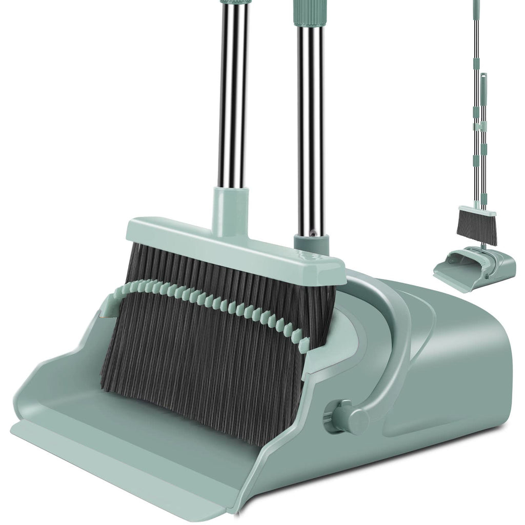 Upgrade Broom and Dustpan Set, Large Size and with Long Handle, Upright,Ideal for Indoor Outdoor Garage Kitchen Room Office Lobby Use (Green)