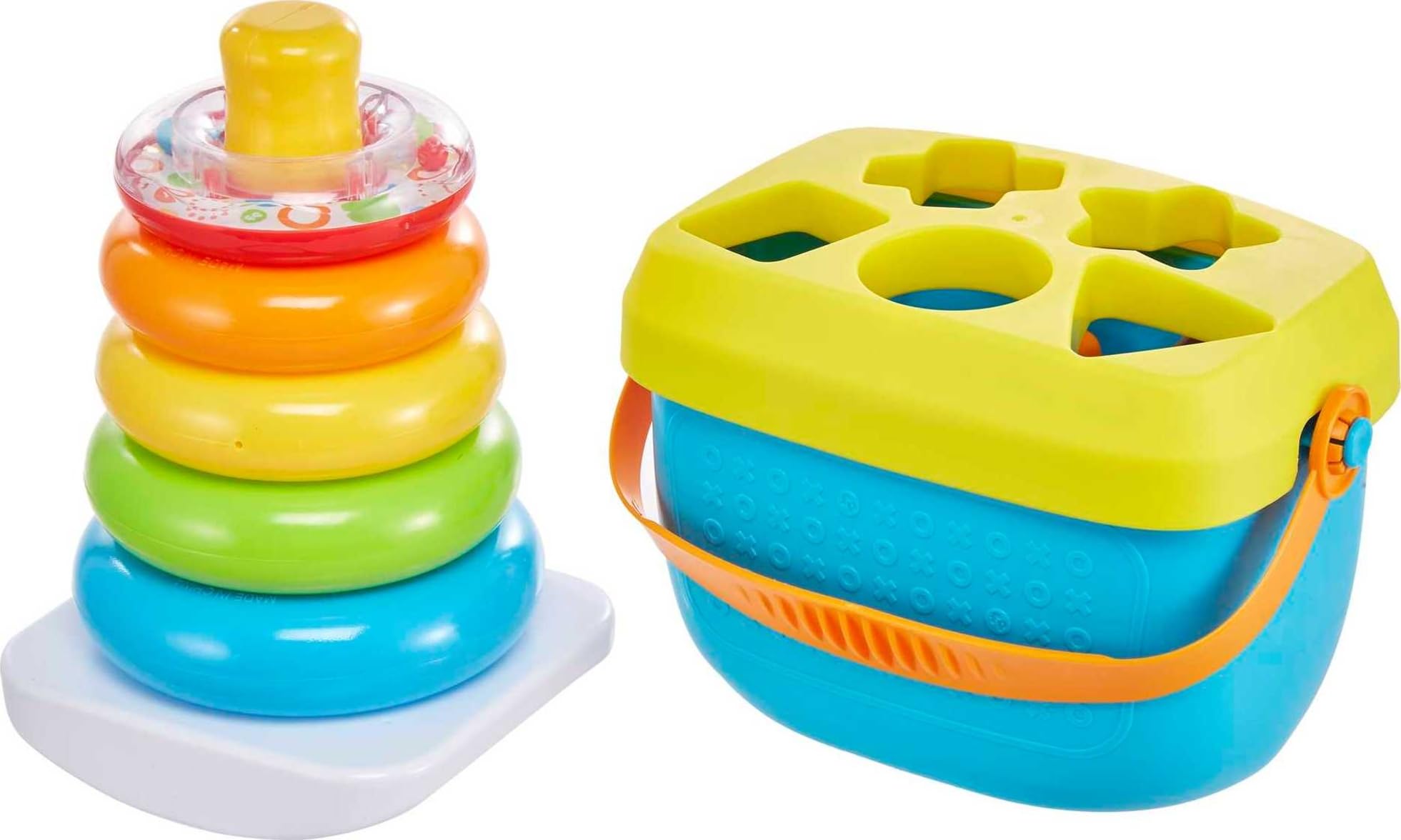 Fisher-Price Baby’s First Blocks & Rock-a-Stack Toy Set, Bucket of 10 Shapes & Ring Stacking Activity for Developmental Play Ages 6+ Months ( Exclusive)