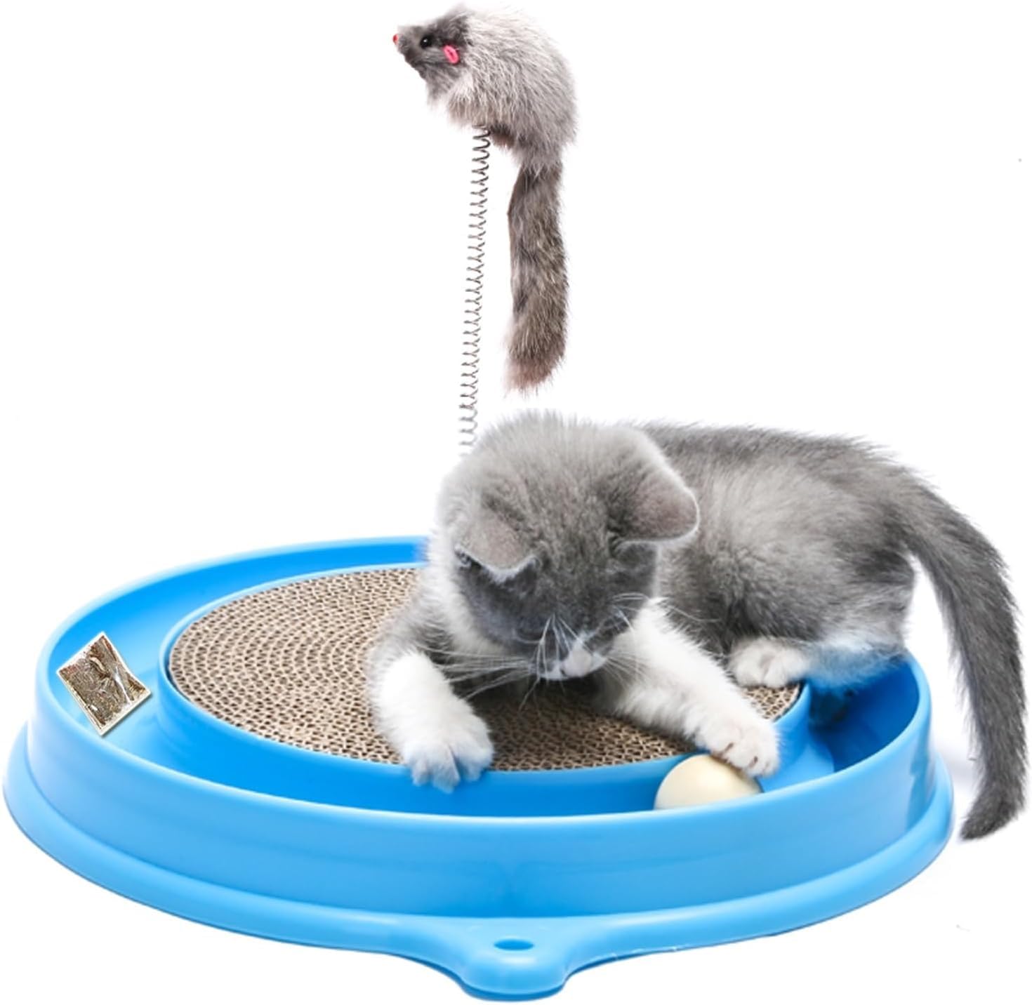 AUOON Cat Scratcher Toy with Ball Track - 3 in 1 Interactive Cat Toy, Cat Scratch Pad with Cat Ball Toy and Plush Cat Mouse Toy for Indoor Cats and Kittens (Blue)