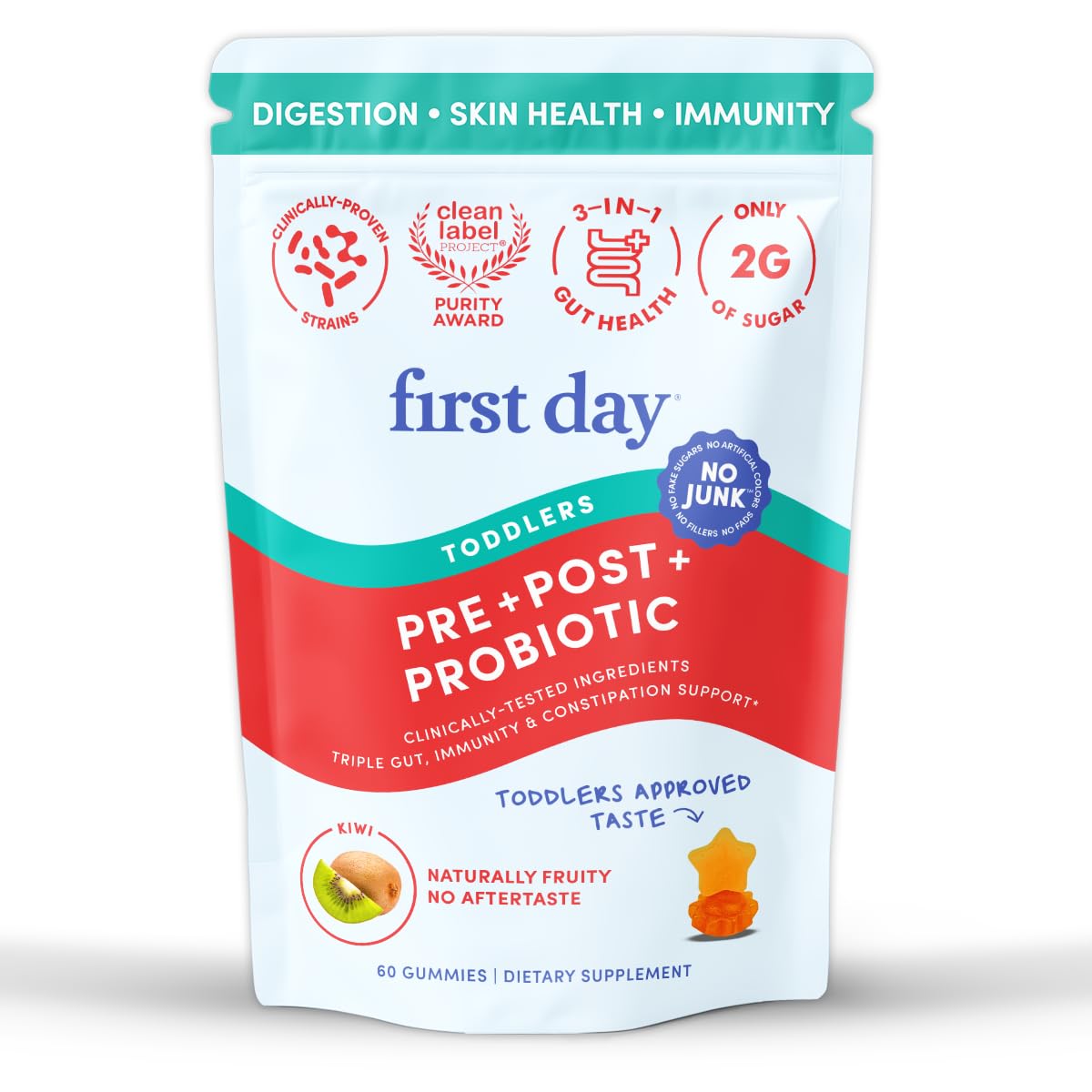 FIRST DAY Toddler Tribiotic Gummies (Ages 2-3) | Kids Probiotic Gummies | 3 in 1 Pre + Pro + Postbiotics for Kids Digestive & Immune Health - Kiwi, 60 Counts (30 Days Supply)