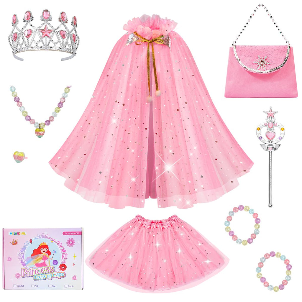 Meland Princess Dress Up for Girls 3-8, Cape with Crown & Tutu, Birthday Gift for Toddler Girls, Pretend Play Toys for Kids