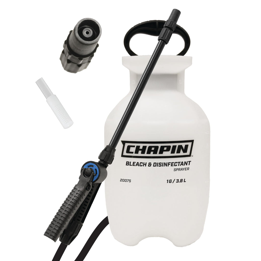 Chapin 20075 Bleach Pump Sprayer, 1‑Gallon, Lawn & Garden, Bleach‑Resistant Poly Tank, Funnel‑Top, Anti‑Clog Filter, Adjustable Cone Nozzle, 40" Hose for Cleaning, Mold & Disinfecting Applications