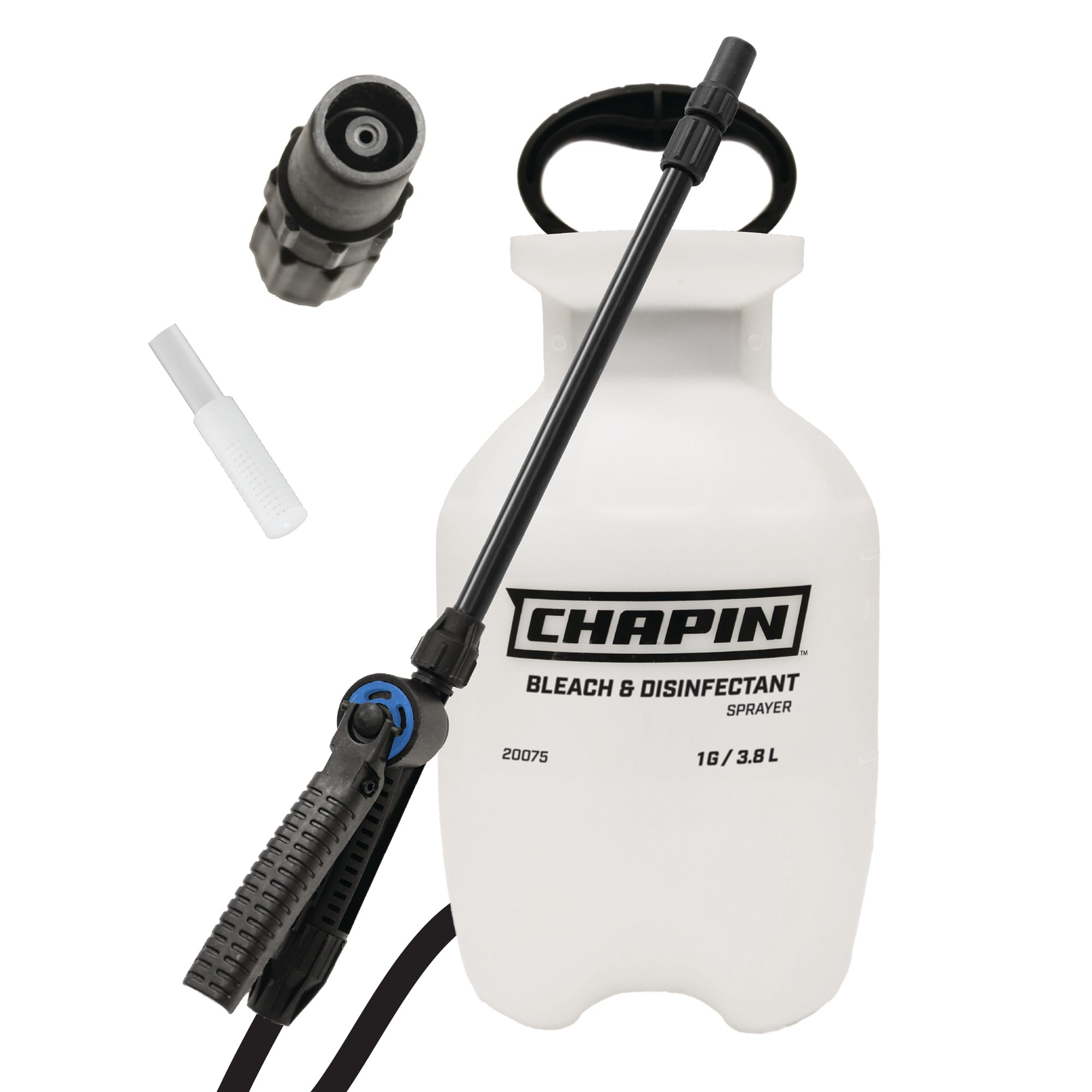 Chapin 20075 Bleach Pump Sprayer, 1‑Gallon, Lawn & Garden, Bleach‑Resistant Poly Tank, Funnel‑Top, Anti‑Clog Filter, Adjustable Cone Nozzle, 40" Hose for Cleaning, Mold & Disinfecting Applications