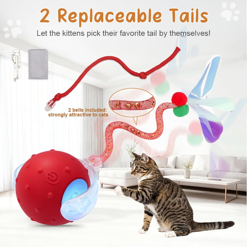 Interactive Cat Ball Toy, Chirping Motion Activated Electric Rechargeable Cat Toy with 2 Replaceable Tails, Self Play Hunting Rolling Indoor Cat Toys for Bored Adult Cats & Kittens - Boredom Busters