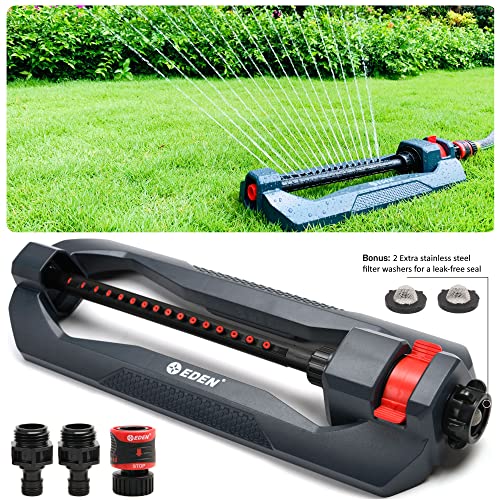 Eden 96213 Essential Turbo Oscillating Water Sprinkler, Covers Up to 3,600 sq. ft., 16 Nozzles, Weighted Base, Adjustable Range, Quick Connect Bundle, Dark Grey, Red, Silver