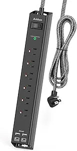 Surge Protector Power Strip - Extension Cord with Addtam 6 AC Outlets 4 USB (2 USB-C Ports), 1875W/15A, Flat Plug with Overload Surge Protection, Outlet Extender for Home Office Dorm Room Essentials