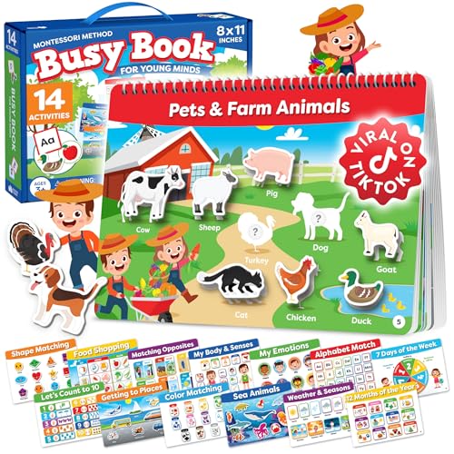 Montessori Preschool Busy Book for Toddlers Ages 3 and Up - Preassembled - Preschool Learning Activities Montessori Educational Toys - Gifts for 3 Year Old Boys, Toddler Learning Toys Activities