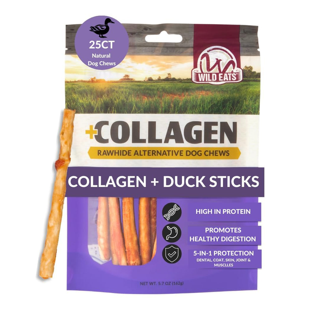 Wild Eats Real Duck Collagen Bully Sticks for Dogs (25 Pack,5 Inch) Long Lasting Dog Chews No Hide Dog Treat Bully Stick Alternative, Rawhide Free, Grain Free, High Protein