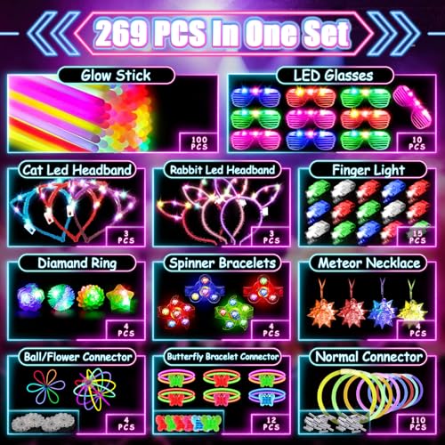MIBOTE 269Pcs Led Light Up Toys Party Favors Glow in the Dark Party Supplies for Kid/Adults with Light Up Glasses,Headband,Rings,Bracelets,100 Glow Sticks Bulk Party Pack DIY Glow Neon Party Supplies