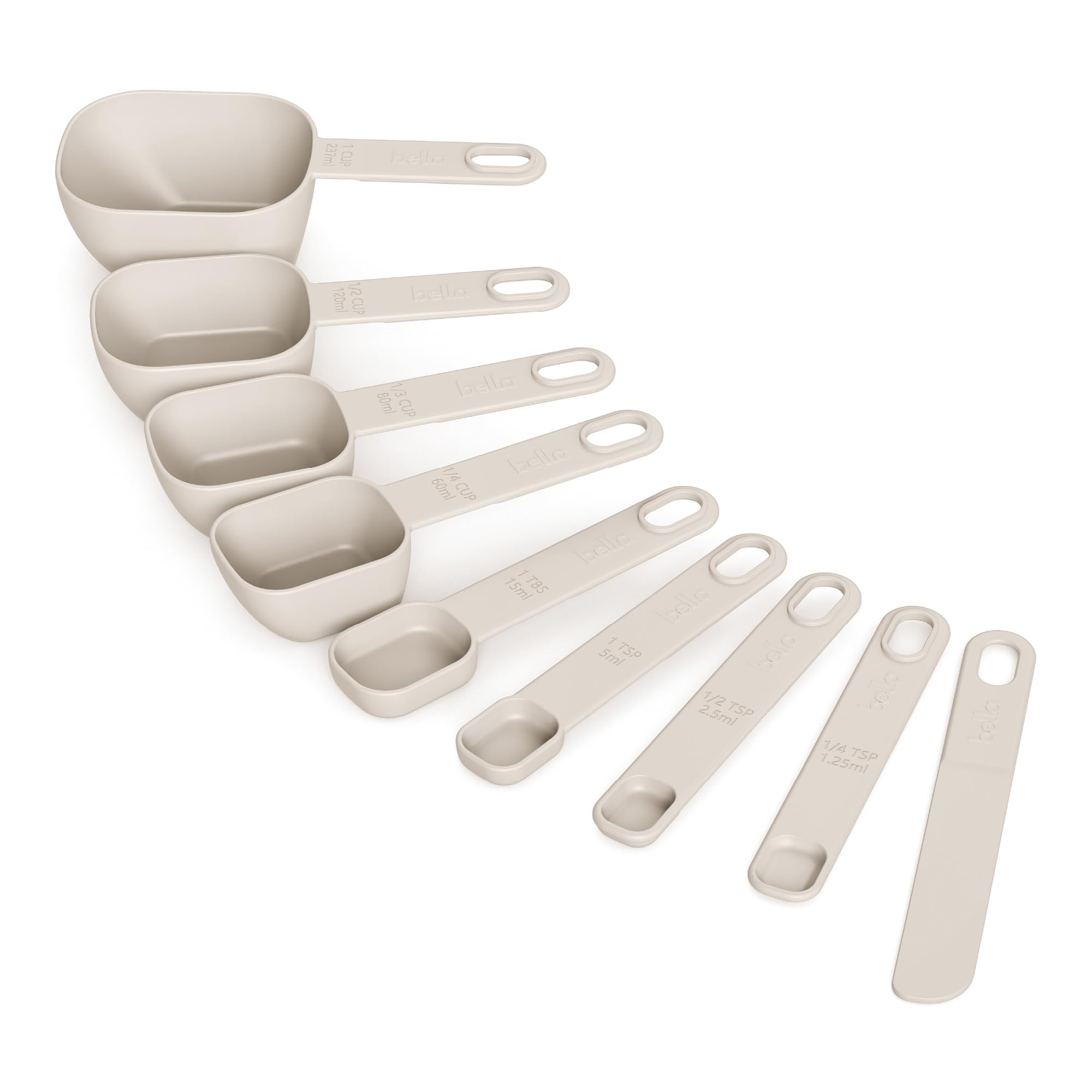 bella 9-Piece Nested Measuring Cups & Spoons Set, Stackable, 4 Cups, 4 spoons, 1 Leveler, Non-slip handles, Kitchen Cooking Baking Measuring Set, BPA Free, Dishwasher Safe, Oatmilk
