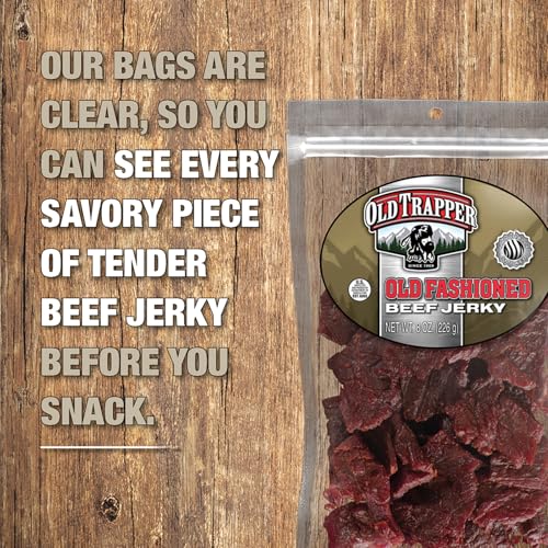 Old Trapper Beef Jerky, Old-Fashioned 8 Ounce Bag, Tender Meat Snacks for Lunches or Between Meals, 11 Grams of Protein, Zero Grams of Fat, and 70 Calories per Serving (Pack of One)
