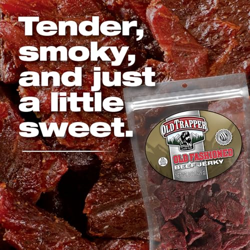 Old Trapper Beef Jerky, Old-Fashioned 8 Ounce Bag, Tender Meat Snacks for Lunches or Between Meals, 11 Grams of Protein, Zero Grams of Fat, and 70 Calories per Serving (Pack of One)