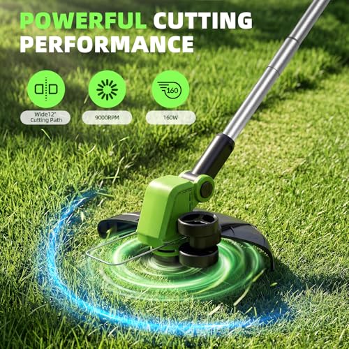 21V Weed Wacker Cordless & Lawn Edger, 9000RPM Electric Weed Eater with 2x2.0Ah Battery, 12" Auto Line Feed String Trimmer with 8 Pcs Spools, Lightweight Edger Lawn Tool for Yard, Green